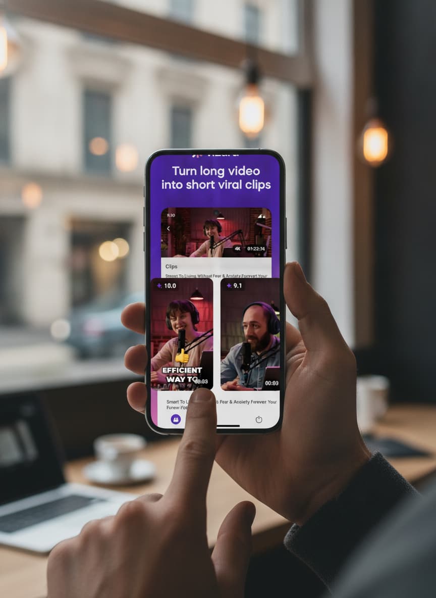Une personne tient un smartphone affichant une interface de montage vidéo avec des sous-titres automatiques dans un café au décor flou.