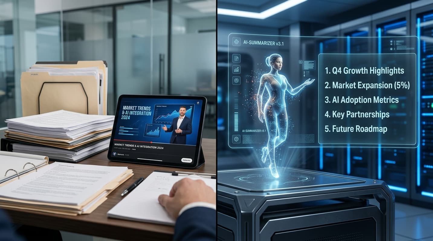 Une composition éditoriale en écran partagé montrant à gauche une pile de documents physiques et une tablette diffusant une vidéo, et à droite un assistant holographique futuriste résumant le contenu en puces numériques soignées.
