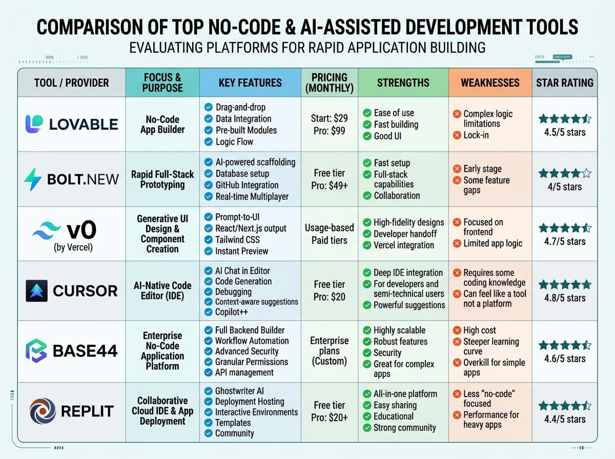 Un tableau comparatif épuré et professionnel présentant les prix, fonctionnalités et évaluations de plusieurs outils de développement IA no-code.