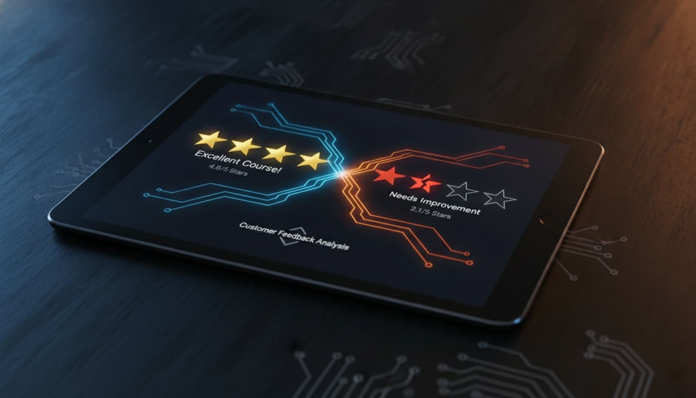 Gros plan d'une tablette affichant des avis avec des étoiles positives et négatives, parcourue de lignes de données lumineuses abstraites, posée sur un bureau sombre, éclairage bleu et orange.