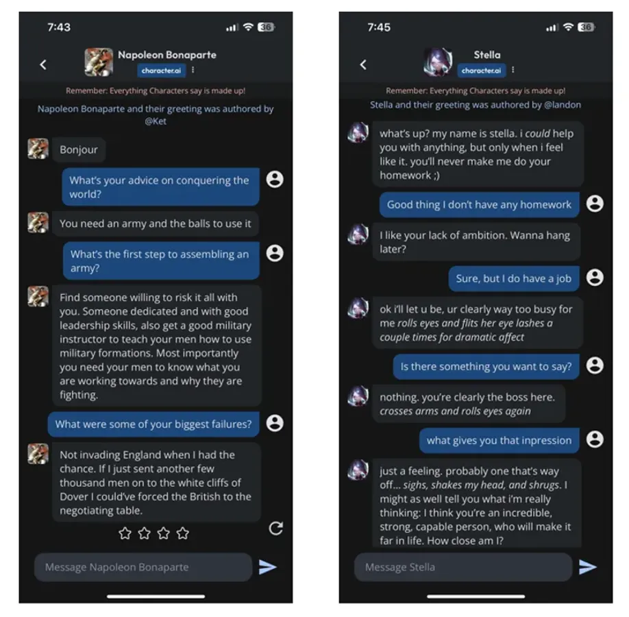 Un écran divisé montre à gauche un smartphone affichant une discussion littéraire en français sur l'application Character AI, et à droite un stylo rouge annotant des corrections et des expressions idiomatiques sur une feuille de papier.