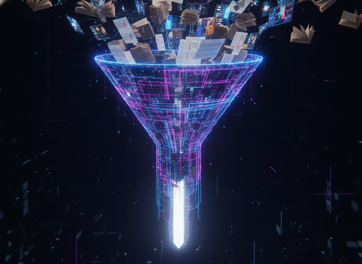 Un entonnoir numérique lumineux absorbant des centaines de livres flottants, documents imprimés et trames vidéo, se transformant en un faisceau de lumière linéaire sur fond sombre avec des accents néon bleus et violets, dans un style éditorial technologique épuré et très détaillé.