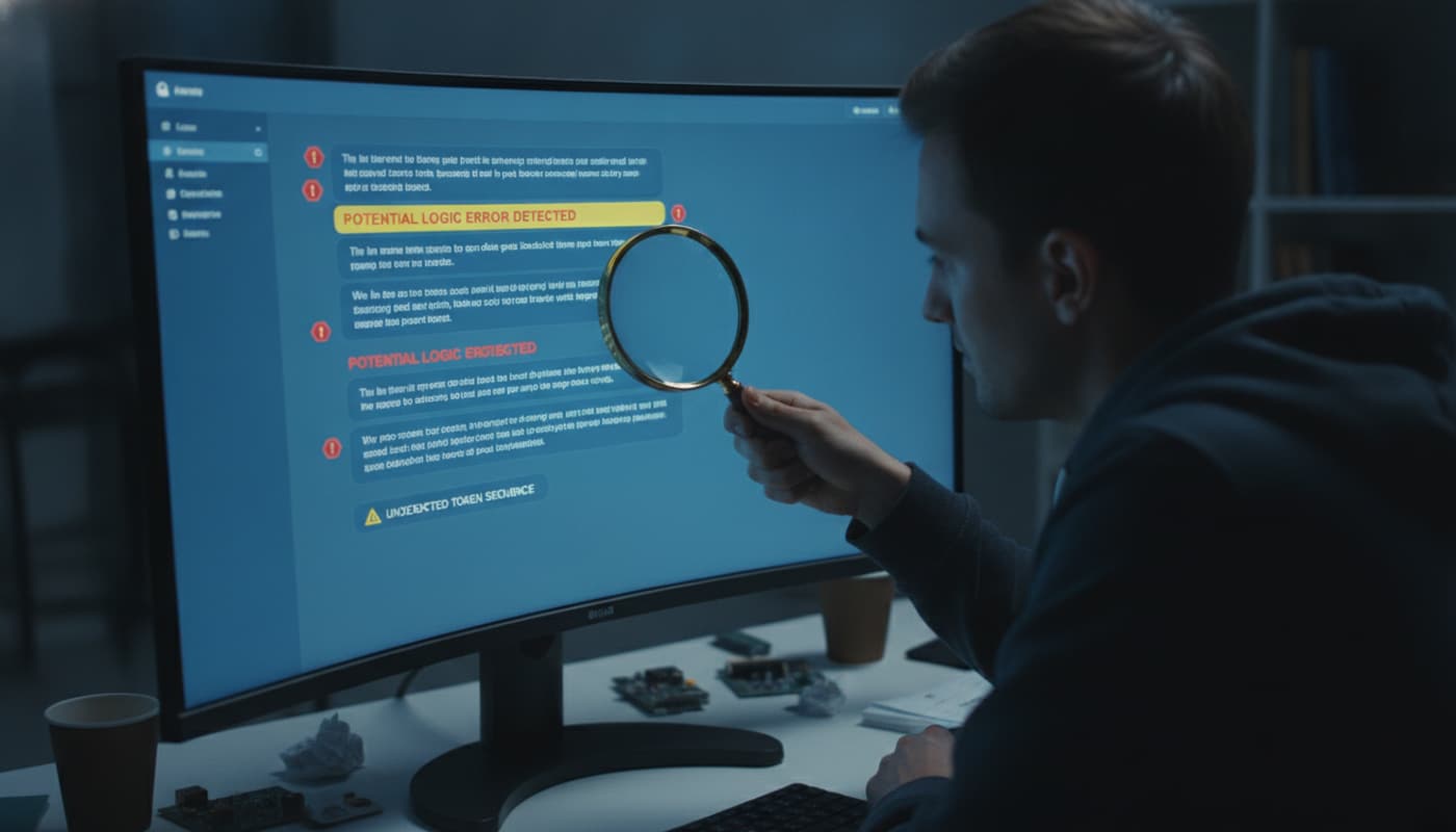 Un utilisateur vu de dos regarde un écran d'ordinateur affichant une interface de chat avec des messages surlignés et des icônes d'avertissement, tout en tenant une loupe près de l'écran dans une lumière bleutée tamisée.