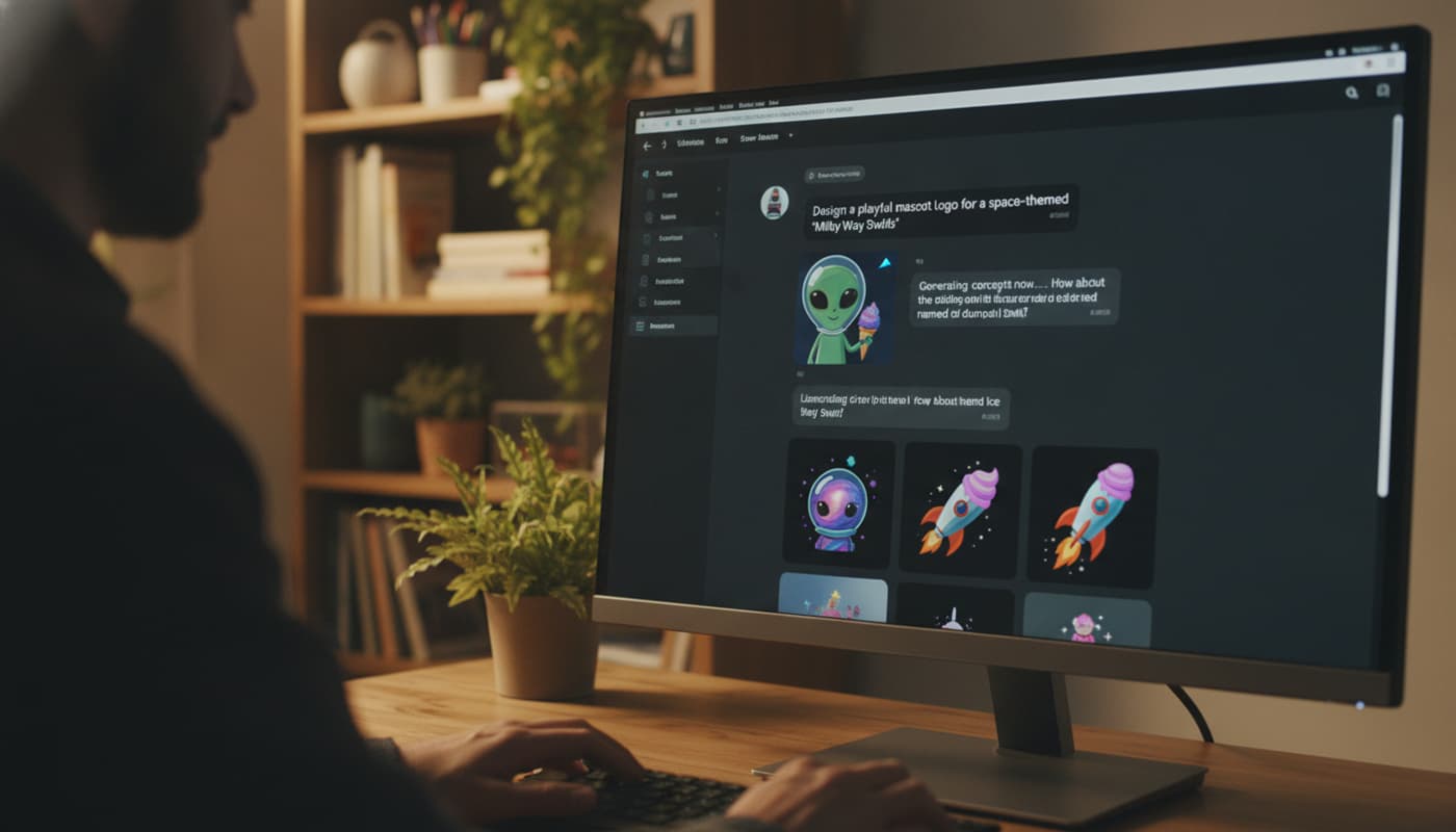Un utilisateur assis à son bureau interagit avec une interface de discussion IA sur un écran d'ordinateur affichant la création d'un logo de mascotte.