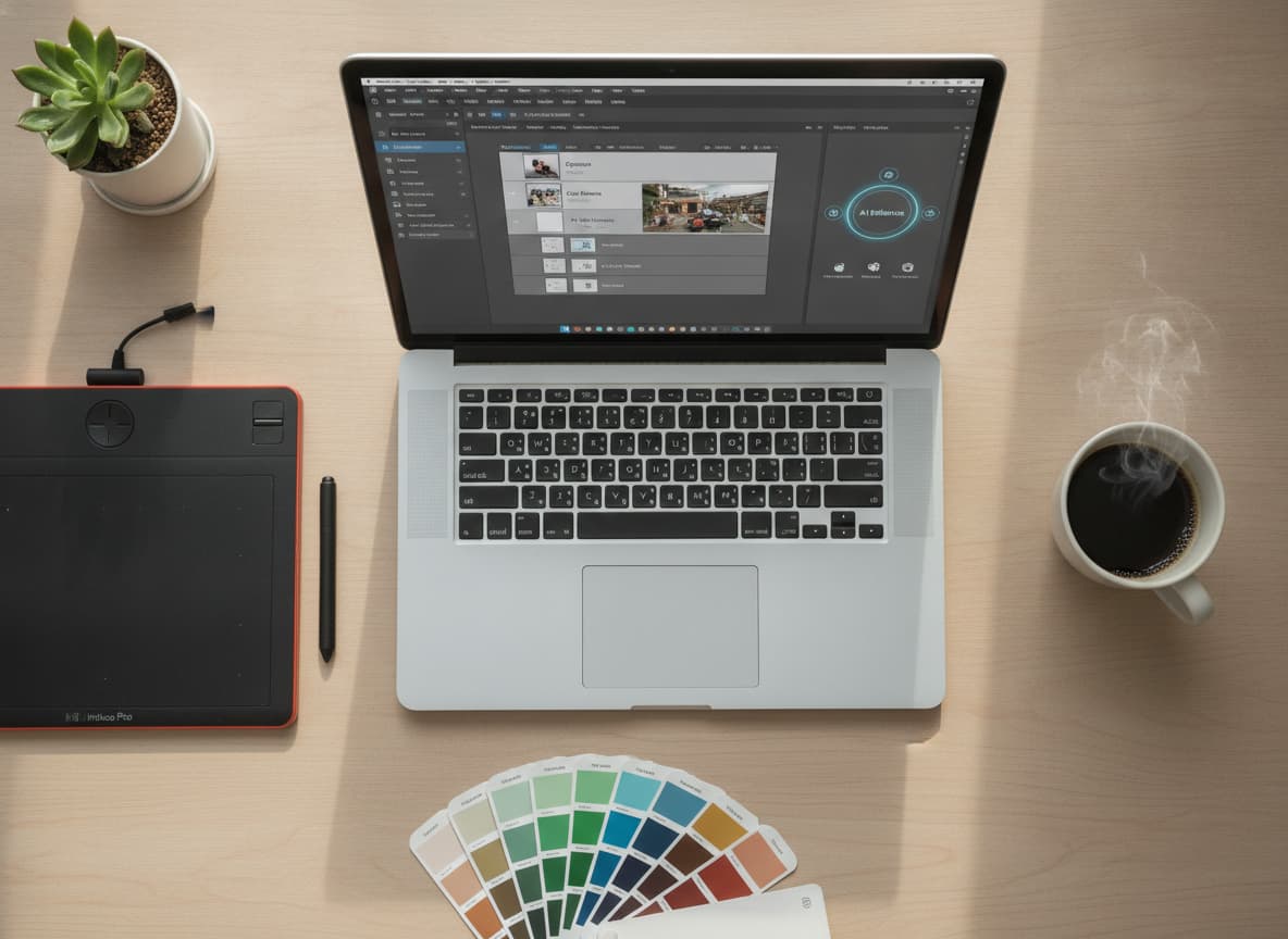 Un bureau vu du dessus avec un ordinateur portable affichant une interface d'édition photo avancée, une tablette graphique, une tasse de café et des nuanciers, baigné de lumière douce.
