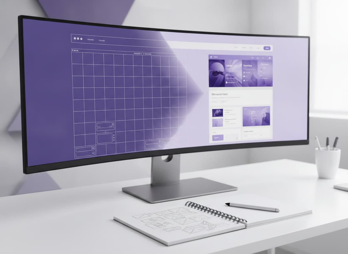 Gros plan d'un écran affichant une maquette filaire se transformant en un site web soigné, palette de couleurs violet et blanc, bureau minimaliste avec carnet de croquis et stylet.