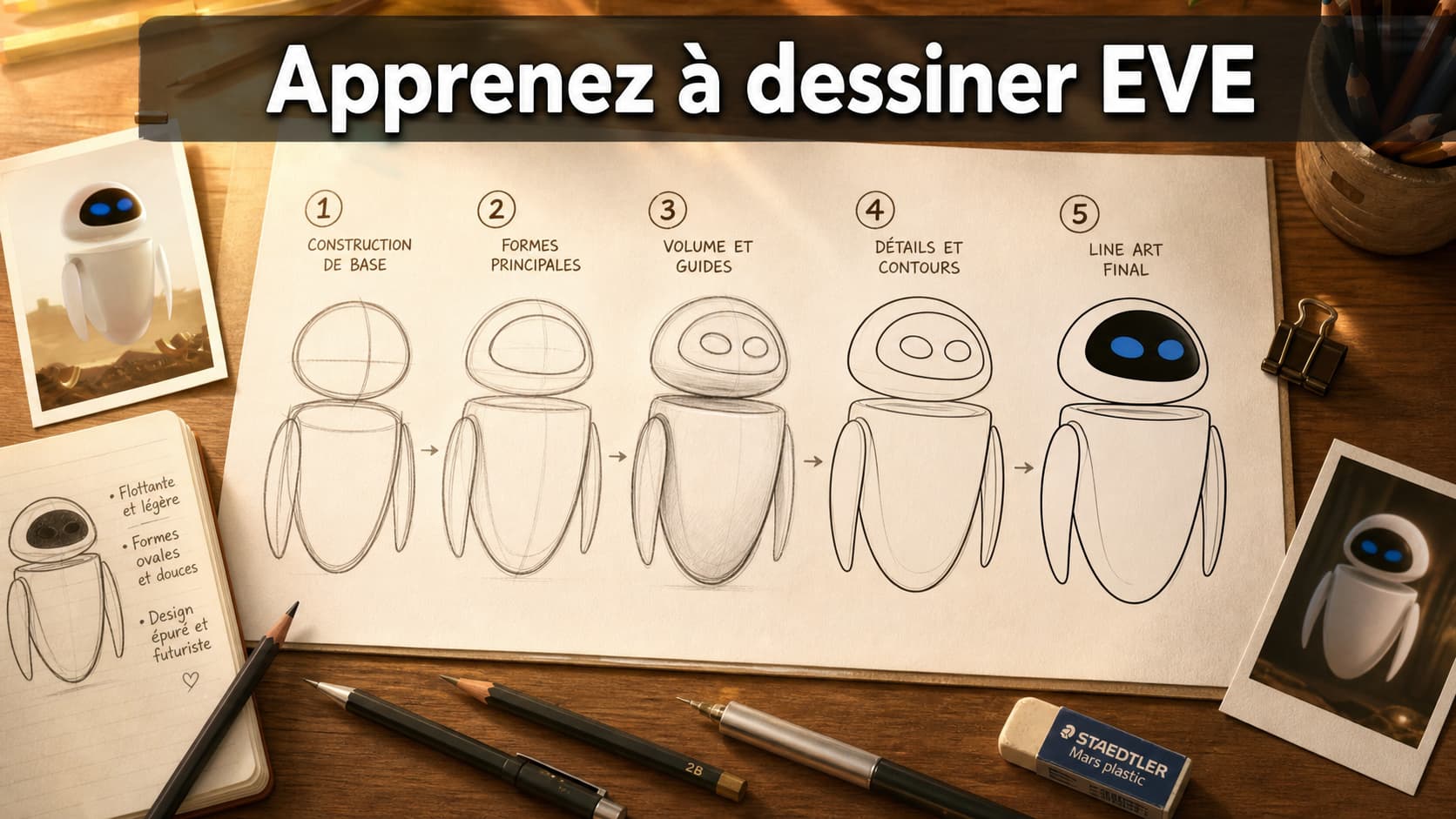 Esquisse pas à pas du robot EVE passant de formes simples à un dessin détaillé, crayons et images de référence sur un bureau en bois, avec le texte