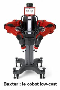 Un robot Baxter avec deux bras rouges et un écran affichant un visage amical, sur fond blanc, avec le texte 'Baxter : le cobot low-cost' superposé en bas.