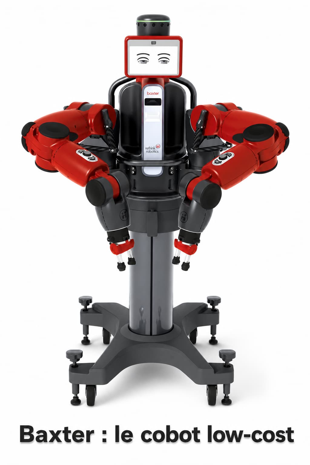 Un robot Baxter avec deux bras rouges et un écran affichant un visage amical, sur fond blanc, avec le texte