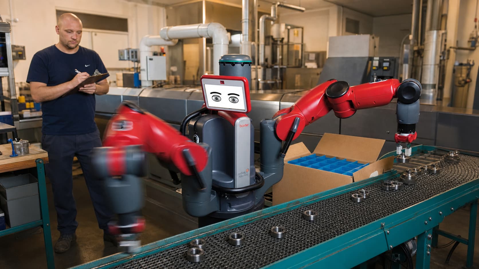 Un robot Baxter saisissant de petits objets sur un tapis roulant dans un atelier moderne, avec un flou de mouvement sur son bras et un écran expressif, sous éclairage chaleureux, un ouvrier supervisant à distance sans cage de sécurité.