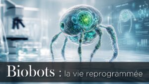 Biobot microscopique composé de cellules vivantes dans un laboratoire futuriste minimaliste, avec des détails luminescents et un bandeau inférieur semi-transparent affichant 'Biobots : la vie reprogrammée' en ombre portée.