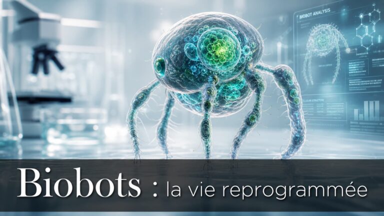 Biobot microscopique composé de cellules vivantes dans un laboratoire futuriste minimaliste, avec des détails luminescents et un bandeau inférieur semi-transparent affichant 'Biobots : la vie reprogrammée' en ombre portée.