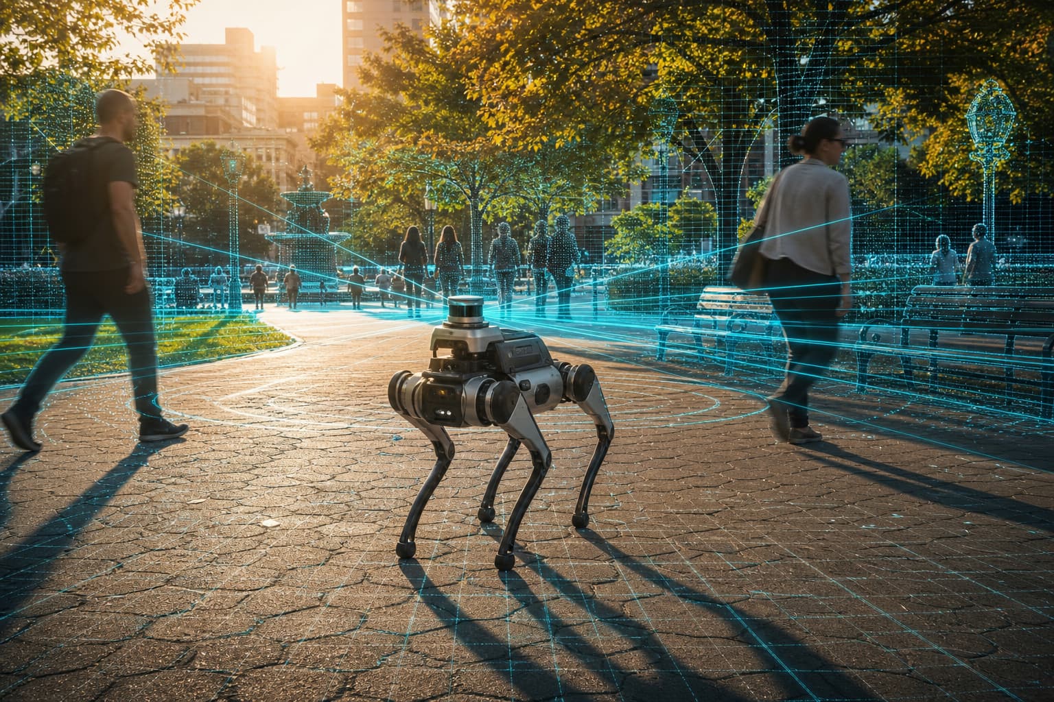 Un chien robot quadrupède dans un parc urbain, émettant des lignes de balayage LiDAR à 360 degrés en cyan translucide depuis sa tête, avec des passants à proximité inconscients, sous une lumière naturelle d