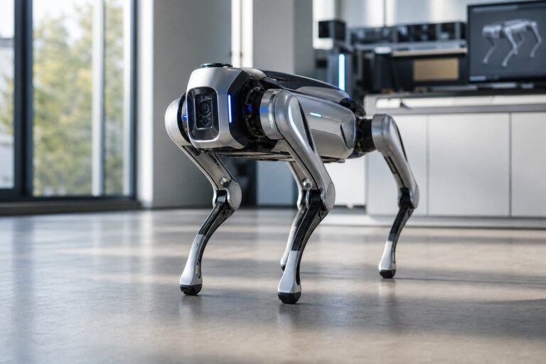 Chien robot quadrupède au fini métallique et aux lumières LED bleues subtiles, debout sur un sol en béton dans un laboratoire lumineux baigné de lumière naturelle.