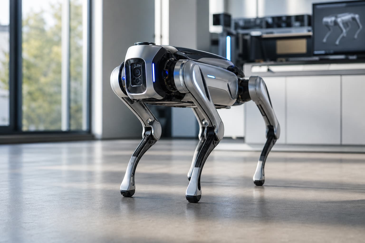 Chien robot quadrupède au fini métallique et aux lumières LED bleues subtiles, debout sur un sol en béton dans un laboratoire lumineux baigné de lumière naturelle.