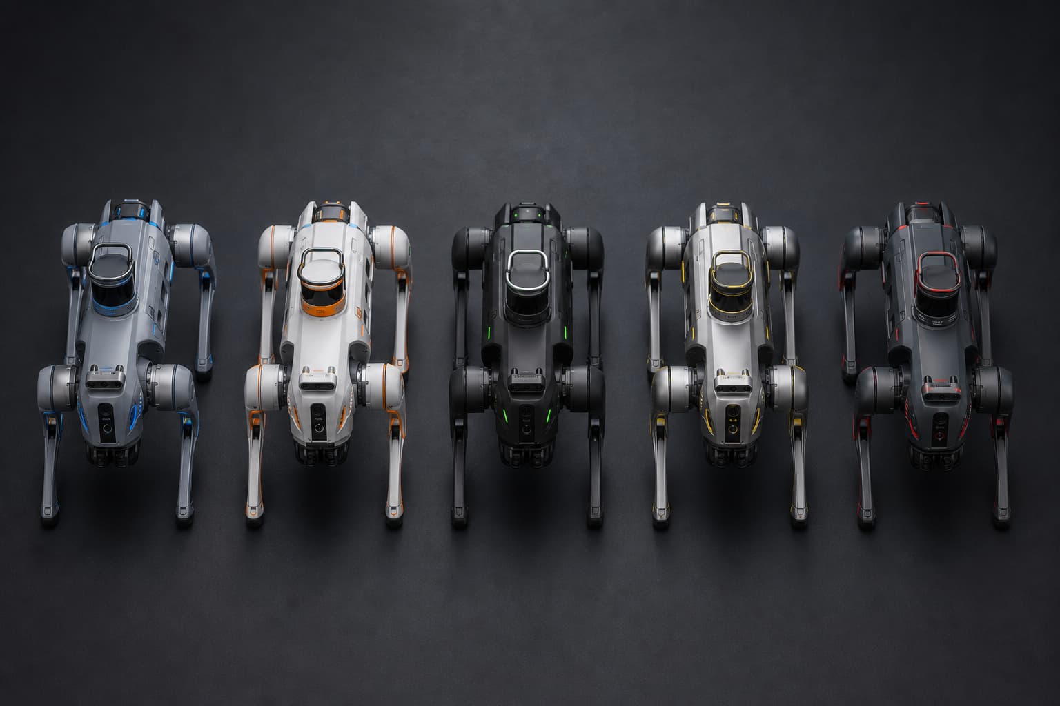 Cinq chiens robots Go2 miniatures alignés sur une surface sombre mate, vus de dessus, avec des accents de couleur et capteurs distincts, éclairage dramatique et reflets subtils.