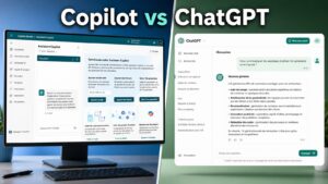 Écran d'ordinateur affichant côte à côte les interfaces de Microsoft Copilot et ChatGPT, avec le texte 'Copilot vs ChatGPT' en surimpression et ombre portée, dans un style éditorial aux tons bleus et verts.