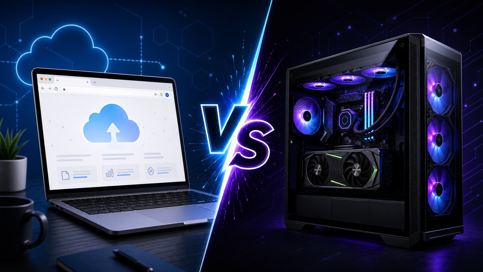 Comparaison visuelle entre un ordinateur portable affichant une icône cloud et un navigateur web, et une tour PC de bureau avec éclairage RGB et carte graphique Nvidia visible, reliés par un graphique VS, sur fond sombre avec lignes géométriques.