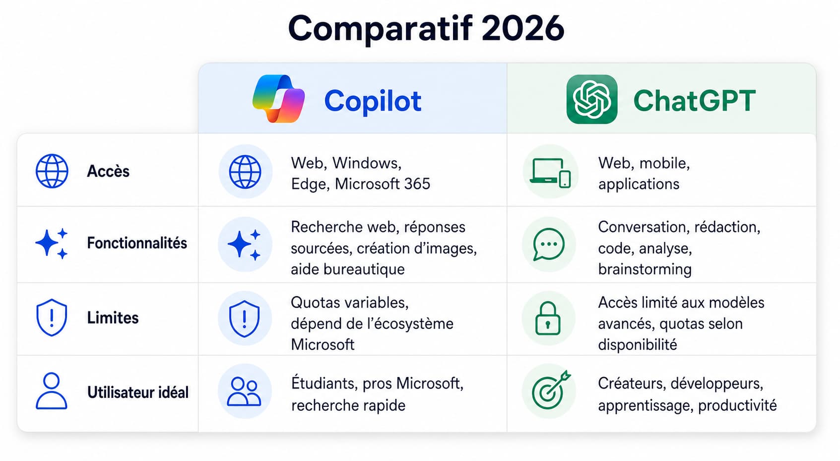 Tableau comparatif des versions gratuites de Copilot et ChatGPT en 2026