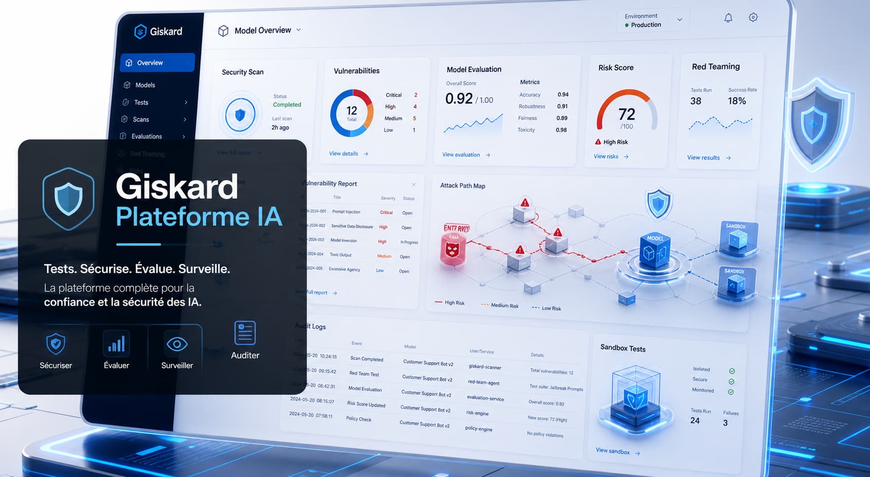 Dashboard futuriste bleu et blanc affichant des analyses de sécurité et des rapports de vulnérabilités sur des modèles d’IA, avec des métaphores visuelles de red teaming et le texte