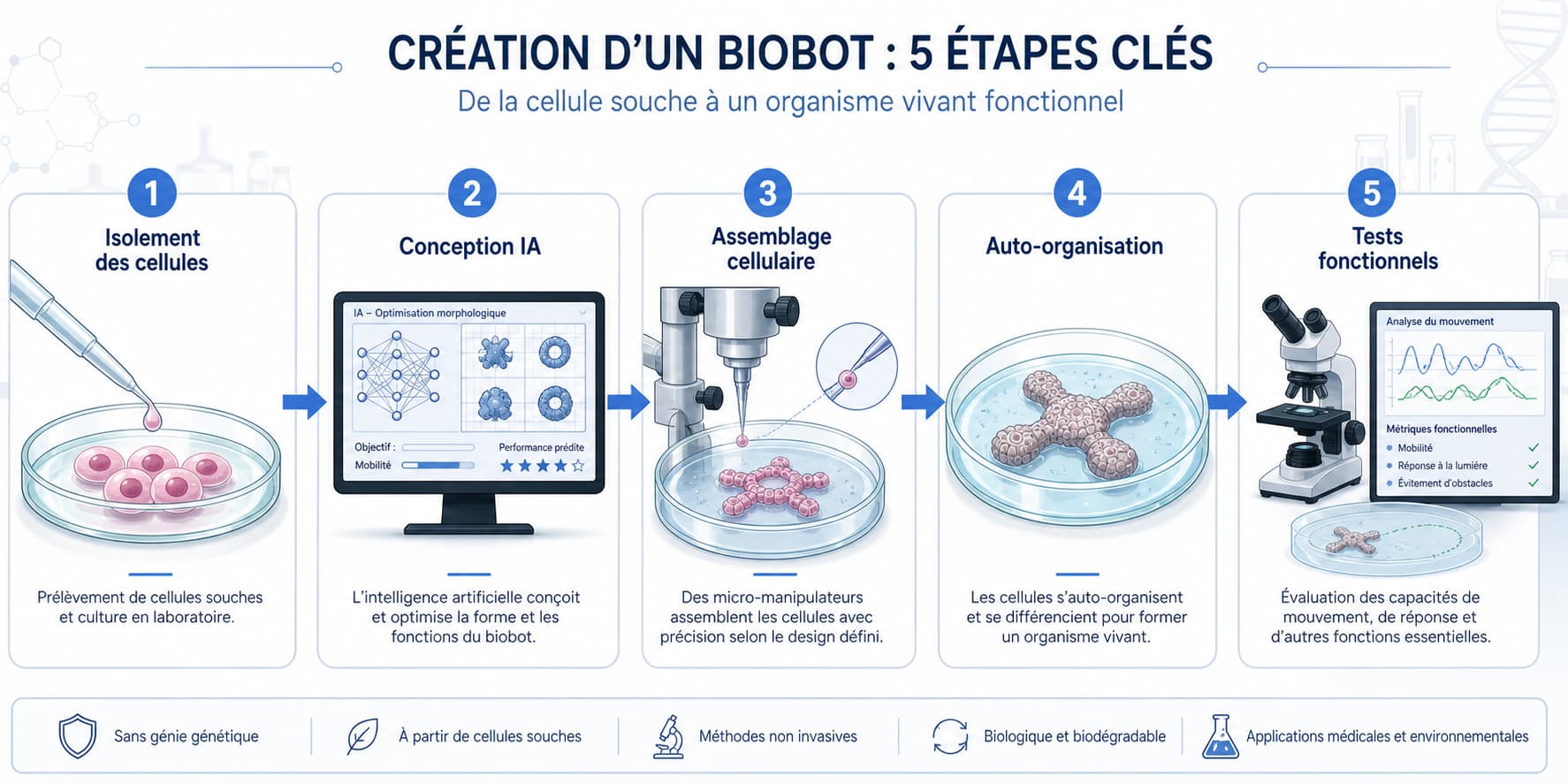 Diagramme clair montrant les cinq étapes de création d