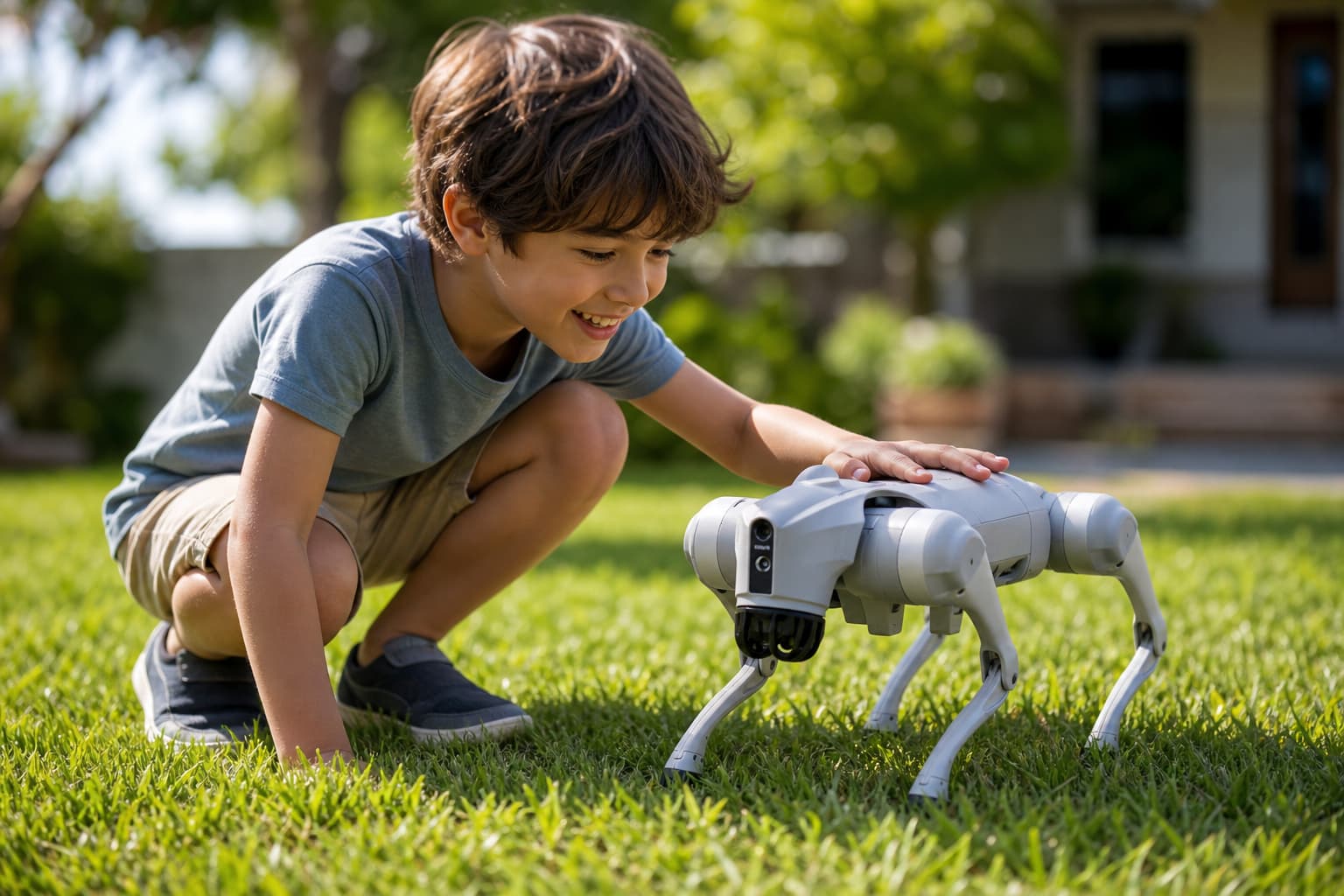 Un enfant souriant accroupi sur une pelouse verdoyante ensoleillée jouant avec un petit chien robot quadrupède blanc, scène extérieure joyeuse et naturelle.