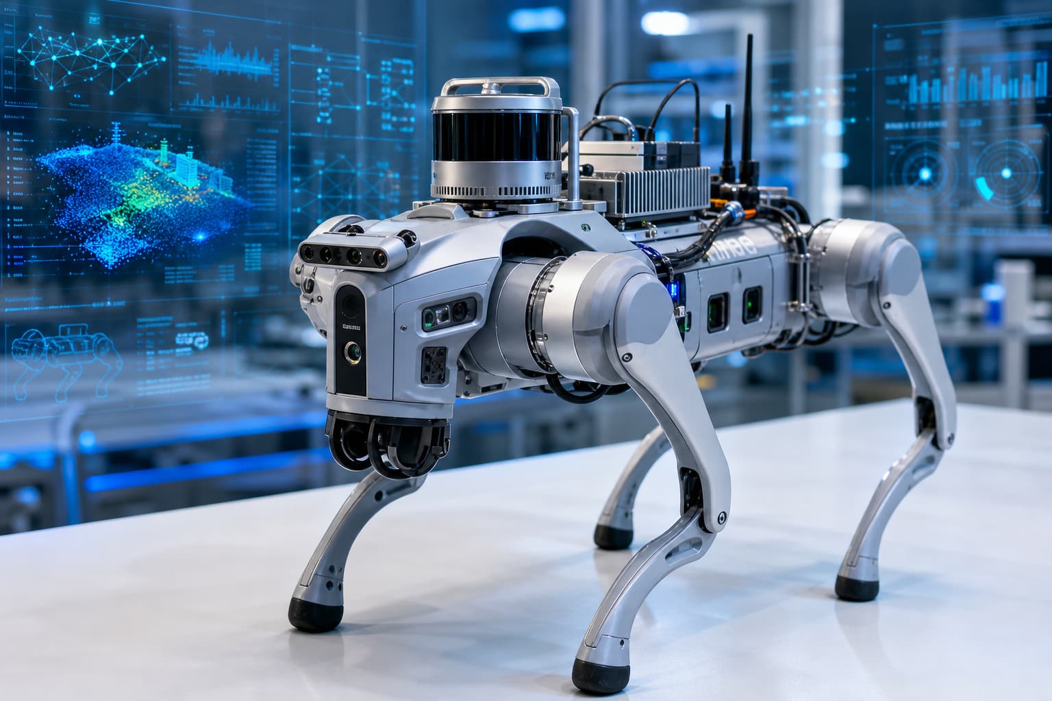 Un robot chien quadrupède équipé de capteurs et de modules informatiques sur un banc de laboratoire propre, avec des visualisations de données holographiques en arrière-plan, sous une lumière bleue froide, dans un environnement de recherche de haute technologie.