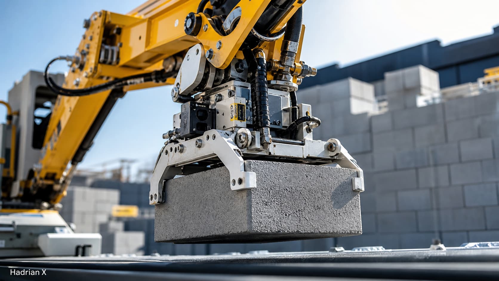 Bras robotique jaune du robot briqueteur Hadrian X saisissant une brique depuis un convoyeur, vu en contre-plongée sur un fond de chantier flou, avec le texte