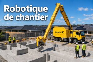 Un robot de construction jaune nommé Hadrian X monté sur un camion place des briques sur un mur, des ouvriers observent, le texte 'Robotique de chantier' est superposé.