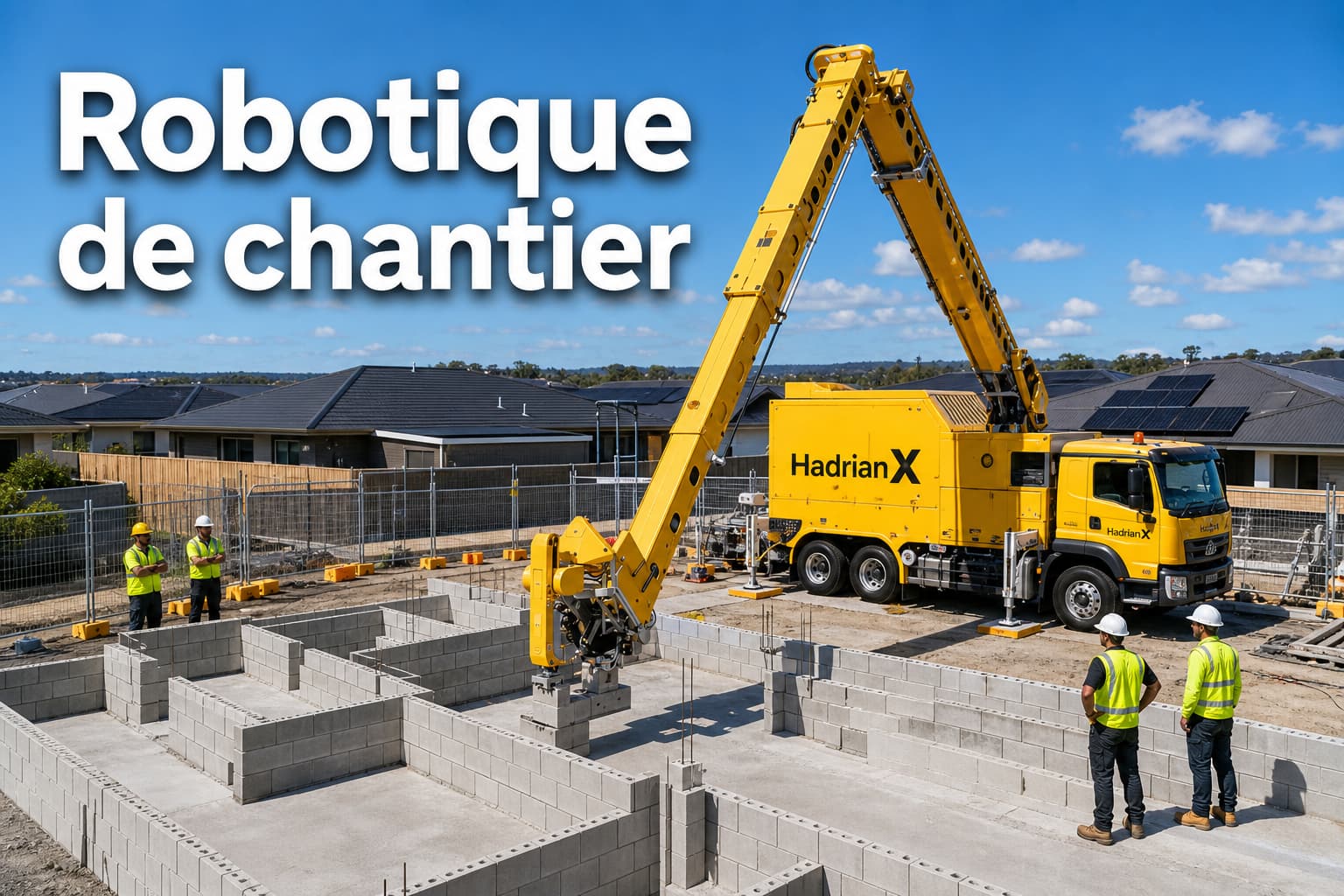 Un robot de construction jaune nommé Hadrian X monté sur un camion place des briques sur un mur, des ouvriers observent, le texte