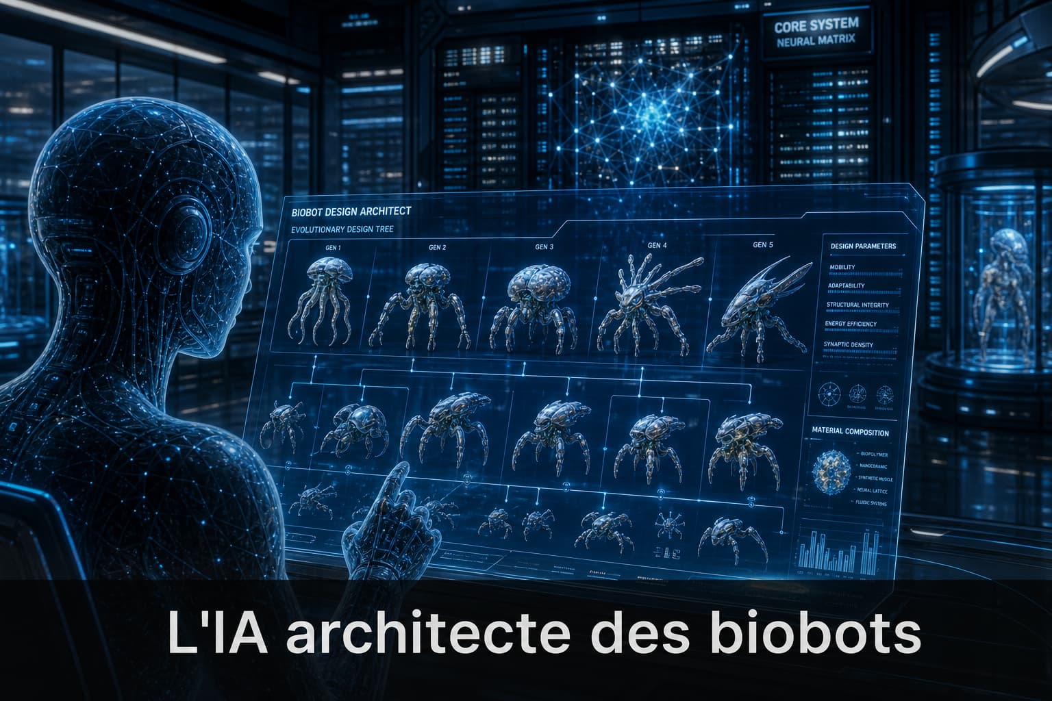 Interface holographique montrant des modèles 3D de biobots évolutifs avec un superordinateur en fond, tons bleus, texte superposé