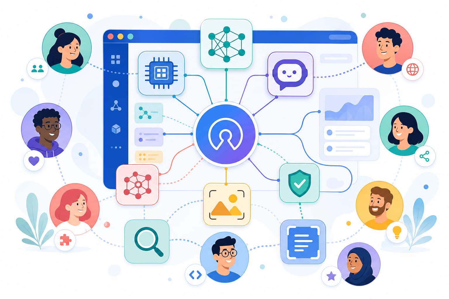 Une interface web collaborative en design plat avec de multiples avatars d
