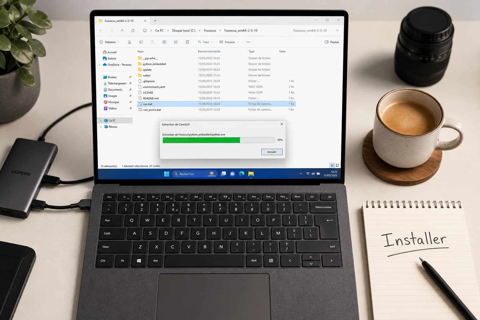 Vue plongeante sur un bureau minimaliste : un écran d