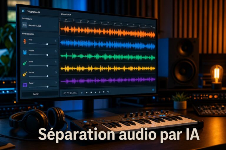 Interface de station audionumérique affichant des formes d'onde colorées sur un grand écran dans un studio moderne, avec un casque professionnel et un contrôleur MIDI sur le bureau, des éclairages néon et le texte superposé 'Séparation audio par IA'.