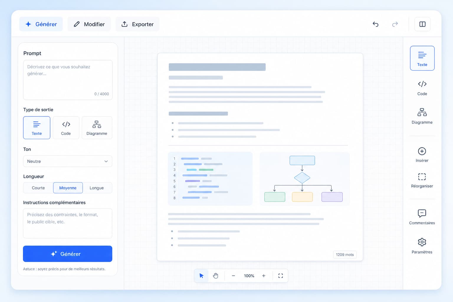 Interface épurée du logiciel Mistral Canvas affichant un panneau de gauche pour les prompts, une grande zone centrale d