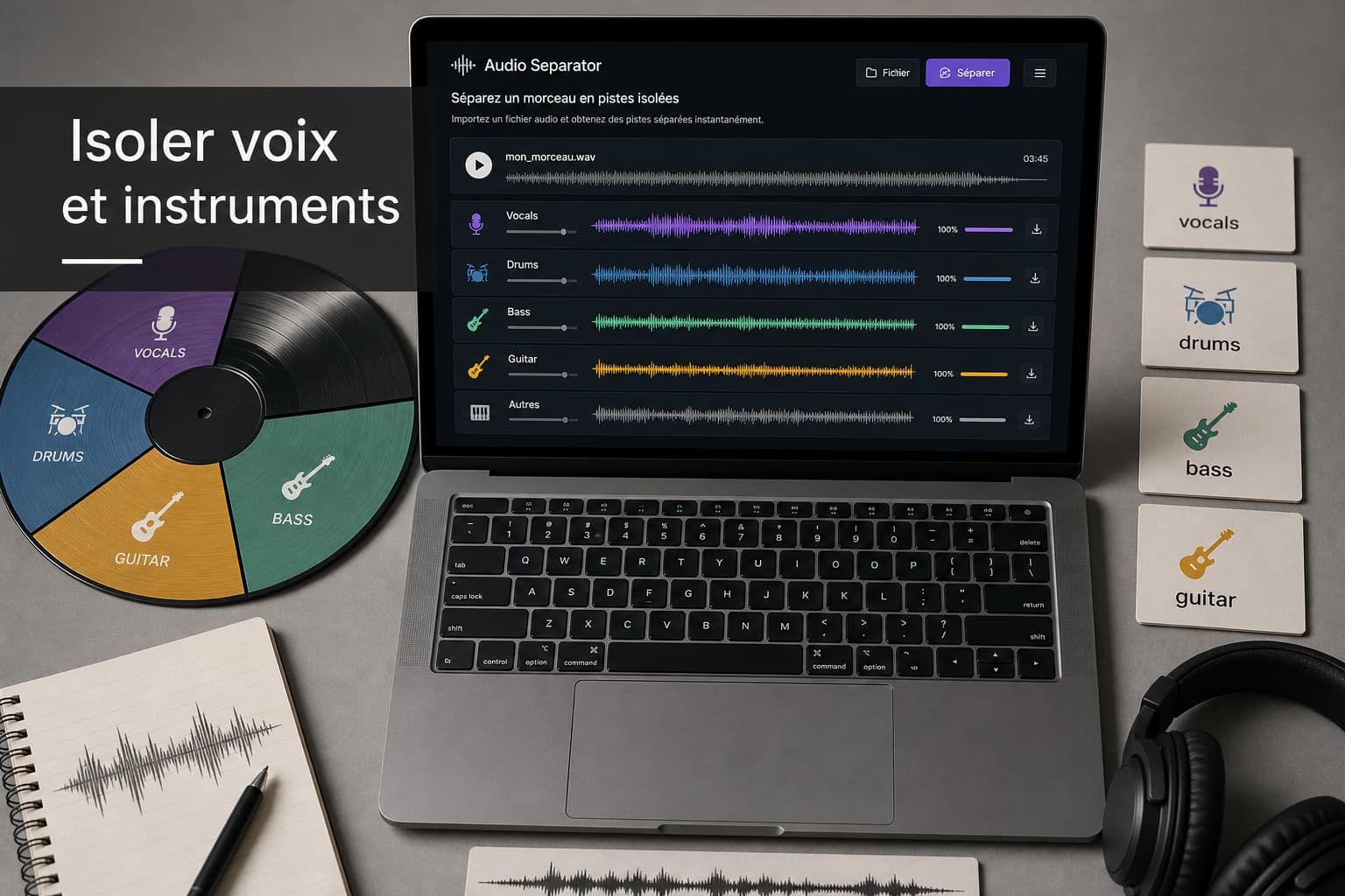Vue en flat-lay d’un ordinateur portable affichant une interface web de séparation audio, entouré d’un disque vinyle découpé en sections colorées et de cartes icônes étiquetées