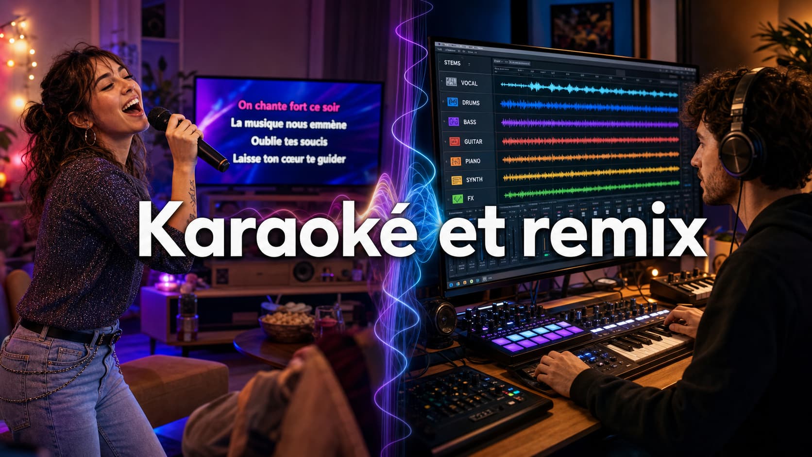 Scène éditoriale coupée en deux : à gauche, une personne chantant au karaoké dans un salon lumineux avec un téléviseur affichant des paroles ; à droite, un producteur de musique au casque manipulant des pistes audio sur un logiciel, avec le texte