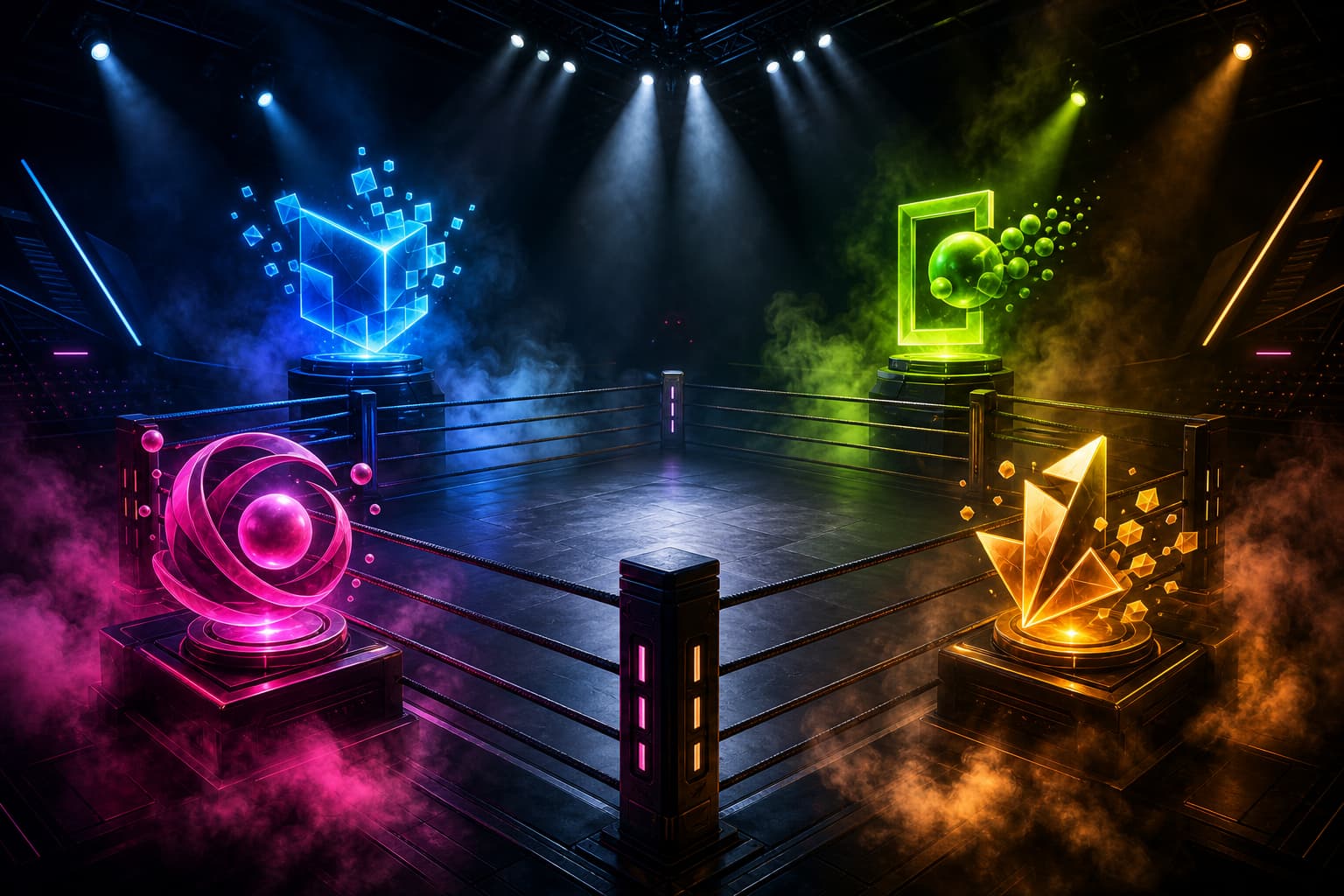 Un ring de boxe stylisé avec quatre icônes abstraites lumineuses représentant des outils d