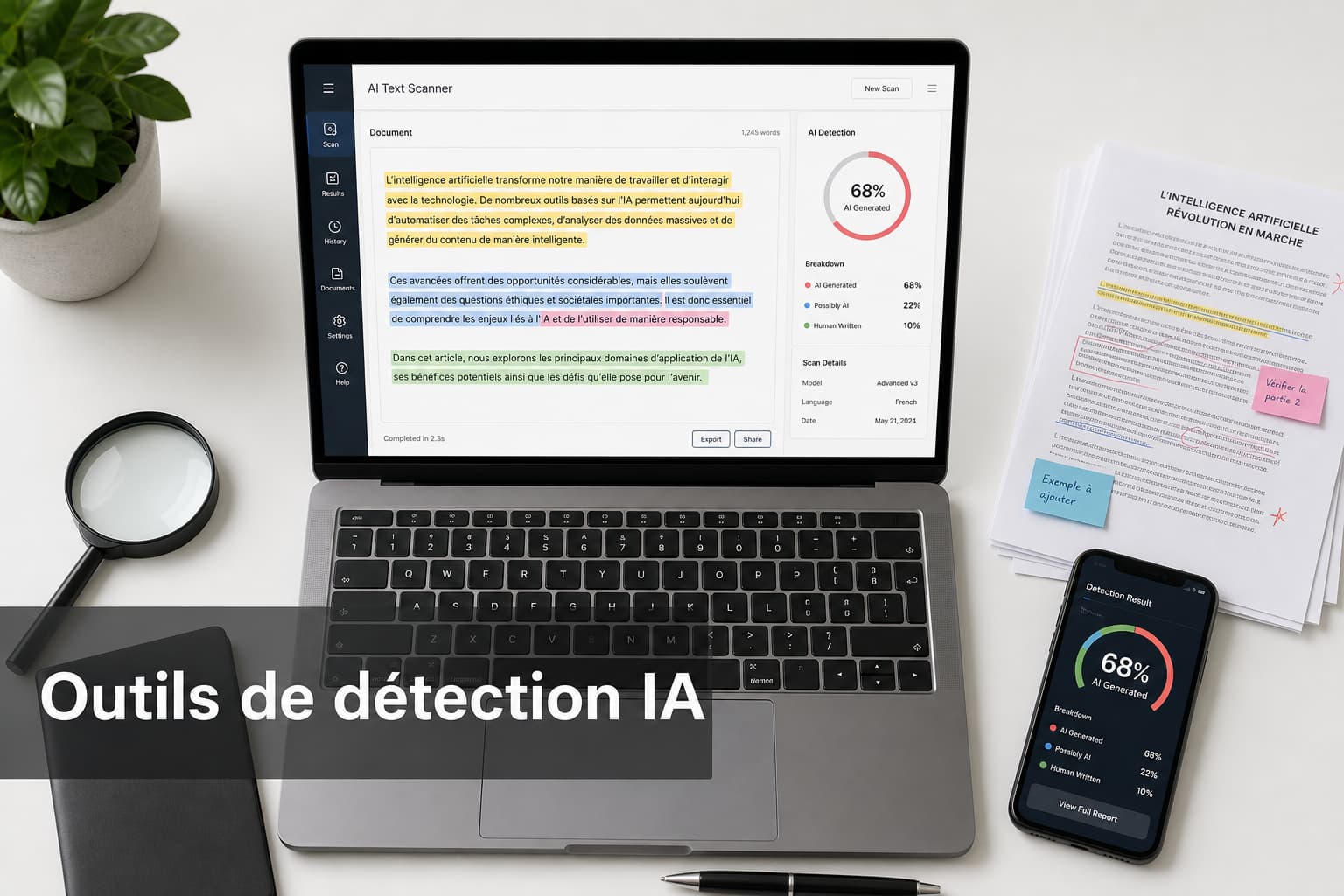 Vue plongeante d’un bureau blanc minimaliste avec un ordinateur portable affichant une interface de détection avec des surlignages colorés, une loupe, un stylo, une liasse de documents annotés et un smartphone présentant une jauge de pourcentage, surmonté d’un bandeau semi-transparent portant l’inscription « Outils de détection IA ».