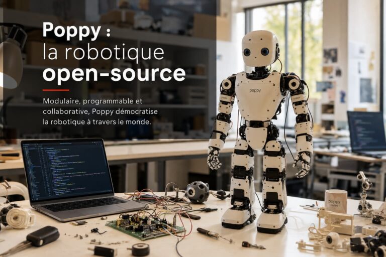 Robot humanoïde Poppy sur un établi blanc entouré de pièces imprimées en 3D, de cartes électroniques et d'ordinateurs portables affichant du code Python, avec un éclairage naturel et un texte superposé 'Poppy : la robotique open-source'.