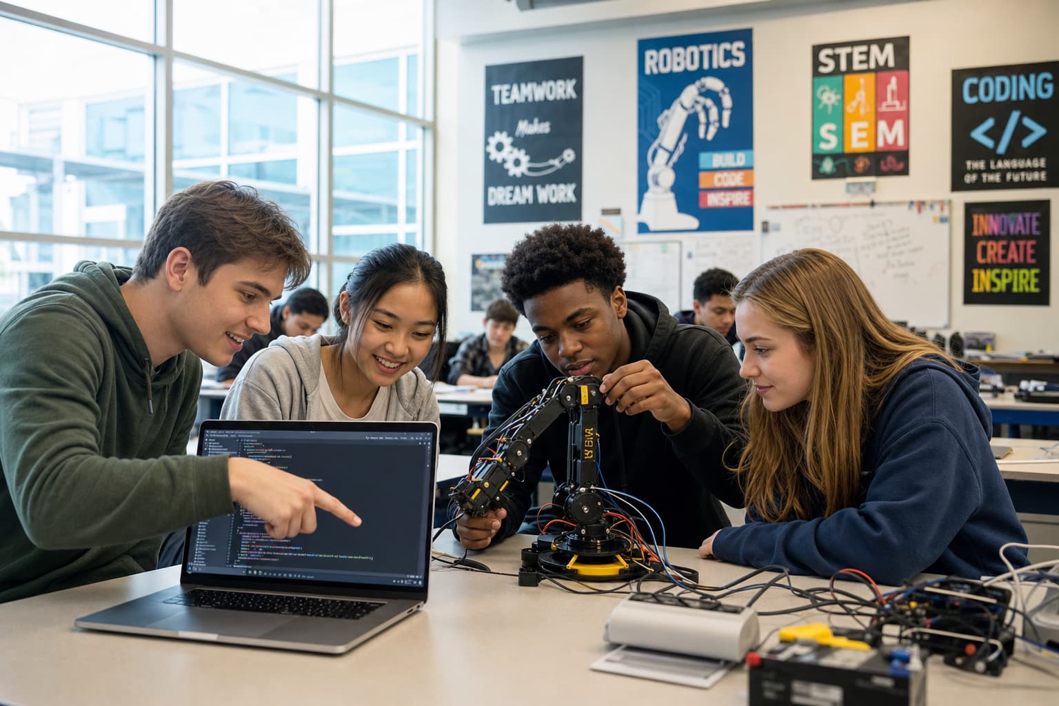 Des adolescents divers programment et interagissent avec un petit bras robotique autour d