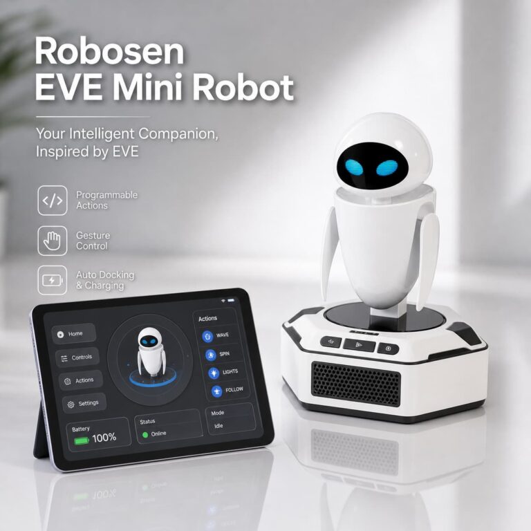 Robot Robosen EVE Mini 2025 blanc aux yeux bleus posé sur une surface blanche avec une tablette, et le texte 'Robosen EVE Mini Robot' en incrustation.