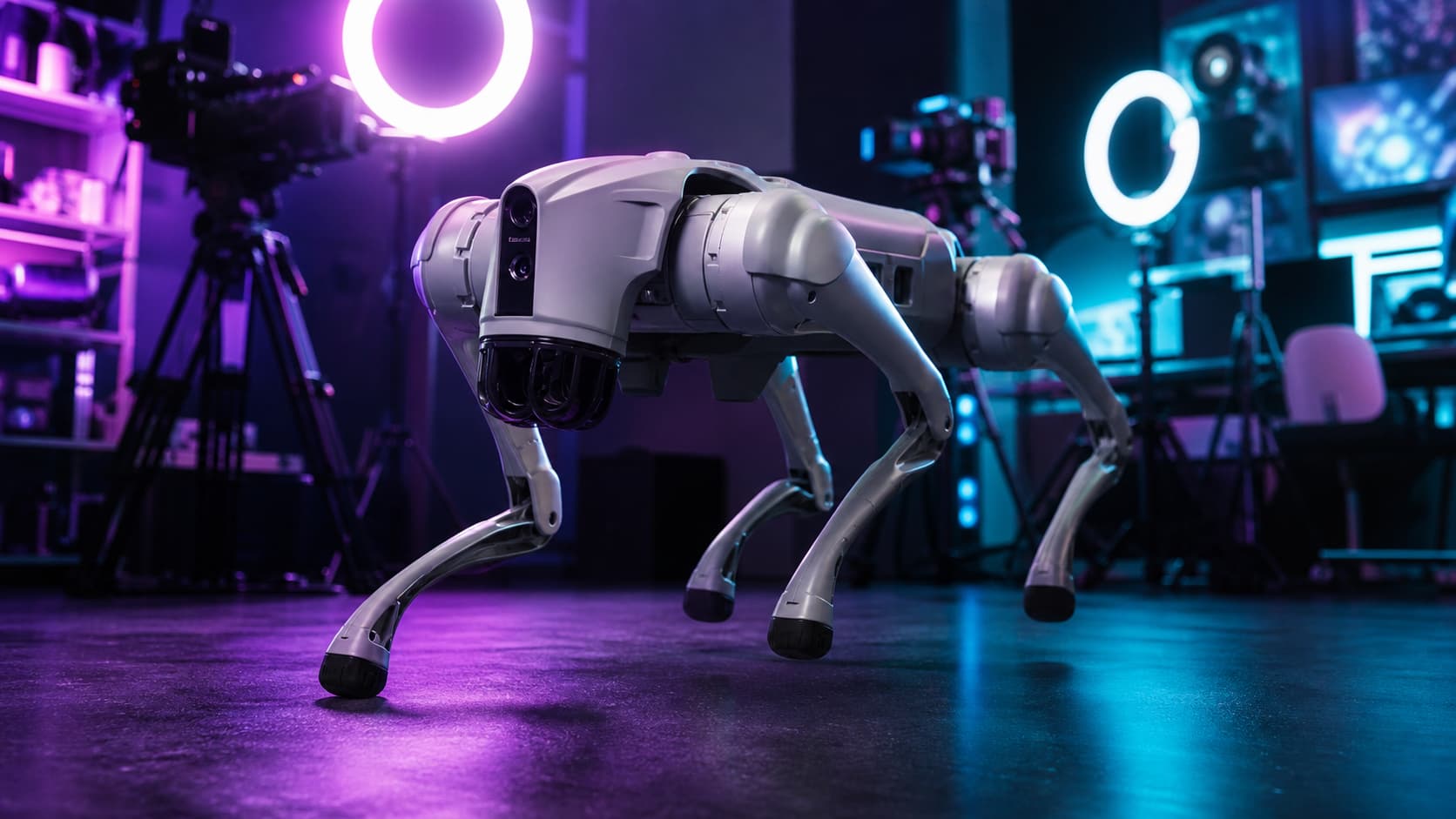 Un robot chien quadrupède Go2 Pro exécutant une pose dynamique dans un studio éclairé au néon avec lumières annulaires et caméras en arrière-plan, éclairage cinématique violet et bleu sarcelle.