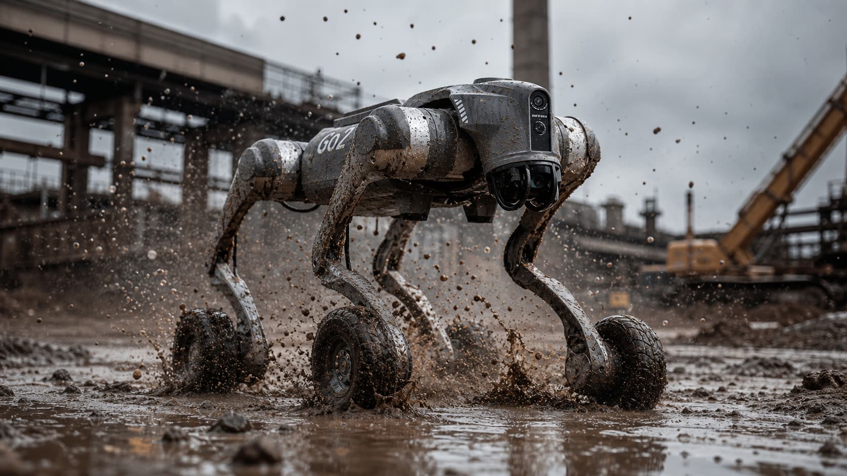 Un chien robot quadrupède robuste traverse un terrain boueux industriel, projetant de l