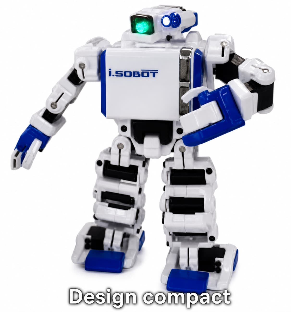Robot i-Sobot blanc et bleu, corps compact, membres articulés, sur fond blanc, avec texte