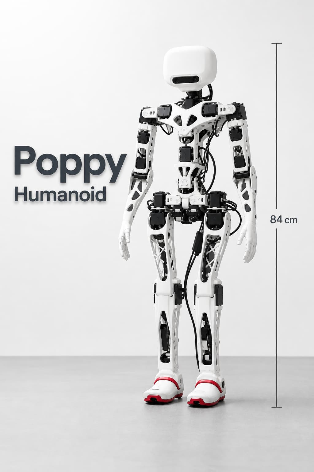 Robot bipède humanoïde Poppy Humanoid en pied, aux articulations mécaniques visibles et tête ronde équipée de caméras, photographié en studio sur fond blanc avec éclairage diffus.