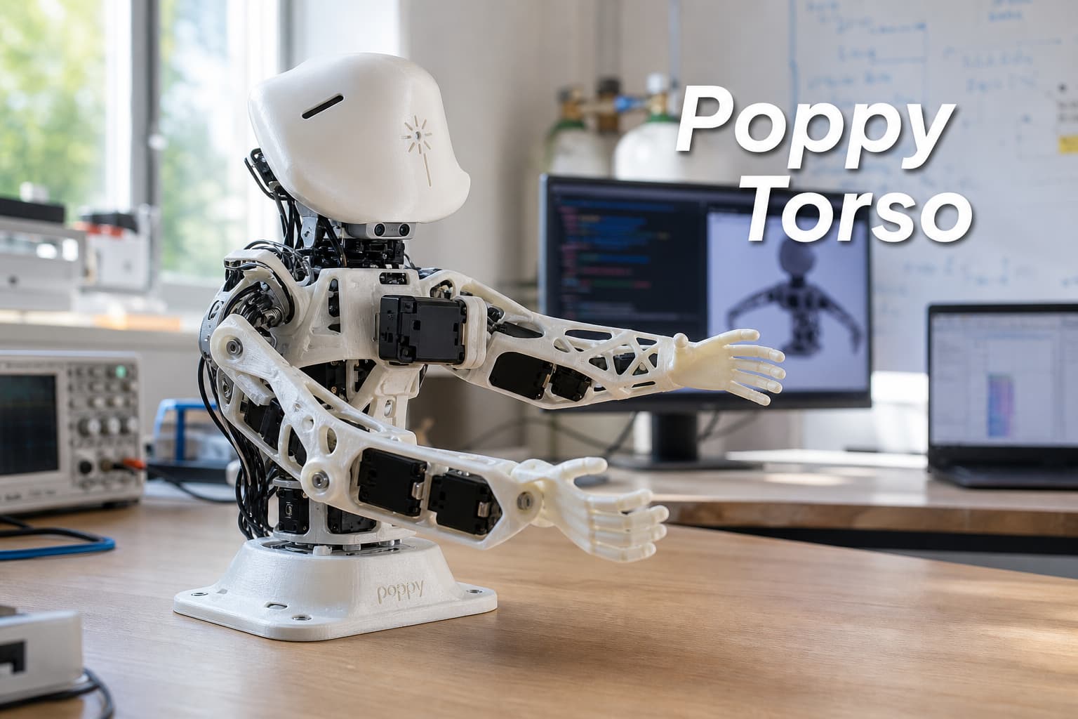 Torse robotique Poppy en vue trois-quarts posé sur un bureau en bois, bras articulés avec moteurs Dynamixel visibles, tête à capteurs caméra, pièces structurelles en plastique blanc translucide imprimées en 3D, dans un laboratoire de recherche avec écrans floutés en arrière-plan, lumière naturelle, et texte superposé