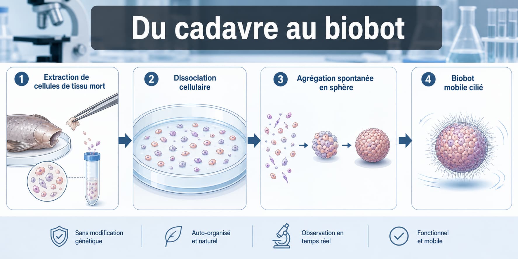 Schéma scientifique en quatre étapes montrant la transformation de cellules extraites d
