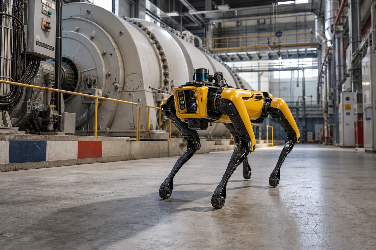 Robot quadrupède Spot équipé de capteurs, inspectant une centrale électrique et longeant de grands générateurs dans un environnement industriel français.