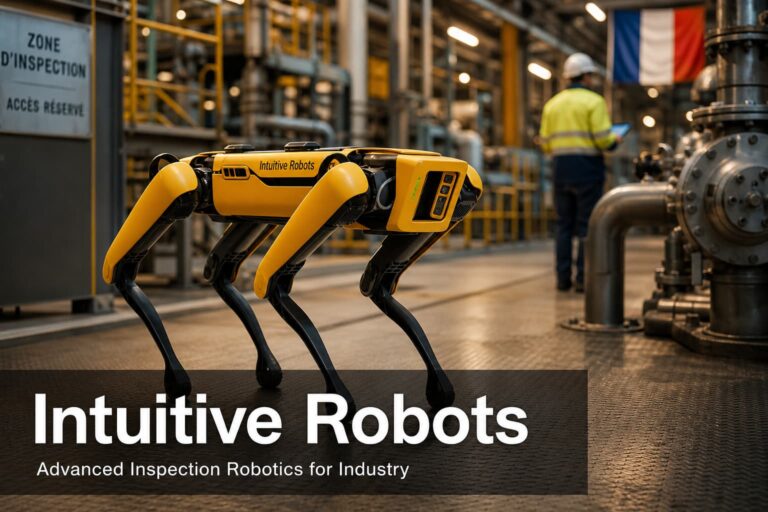 Le robot Spot de Boston Dynamics avec la marque Intuitive Robots inspecte une installation industrielle moderne dans une usine en France, sous un éclairage chaud, avec le texte 'Intuitive Robots' en surimpression.